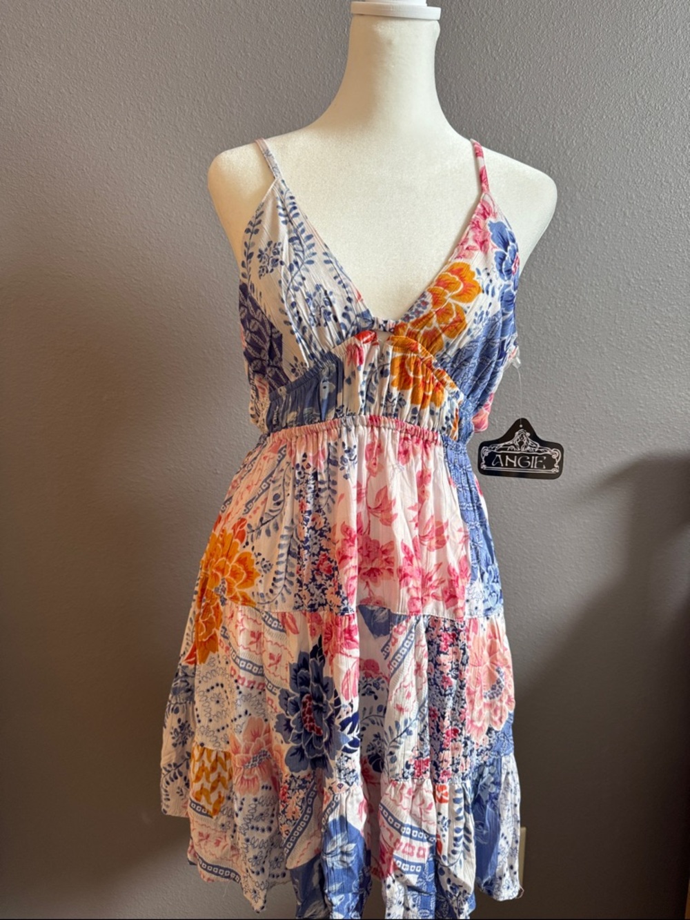 NWT | Angie Floral Patchwork V-Neck Mini Dress in Blue, Pink, Orange, Yellow
